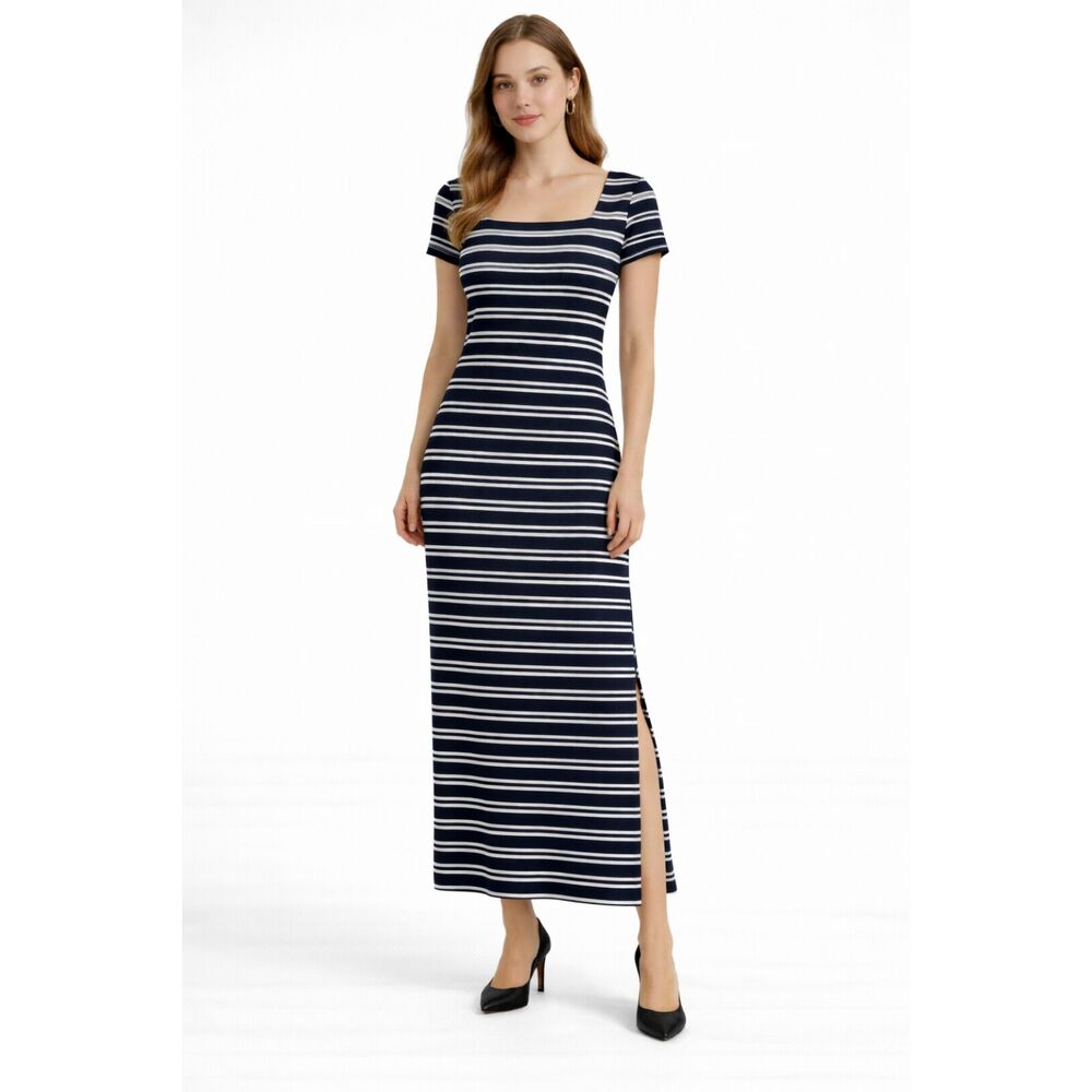 Navy & White Striped Maxi Dress Women’s Square Neck Bodycon Size SM